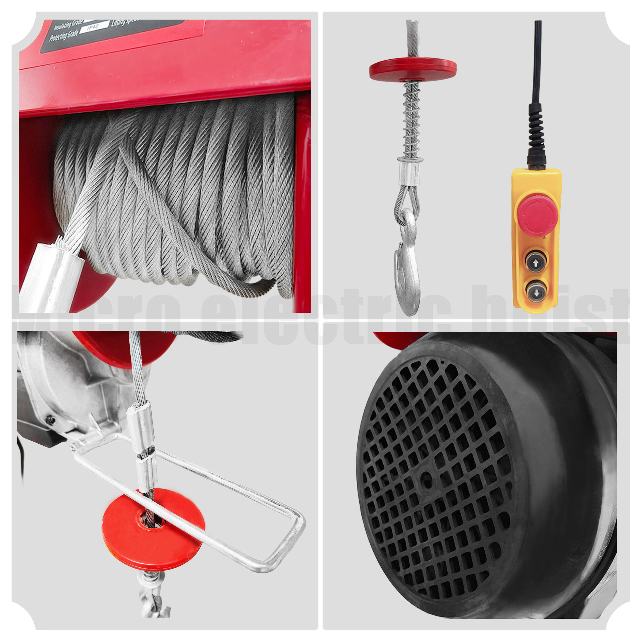 Micro electric hoist front cover and hook detail
