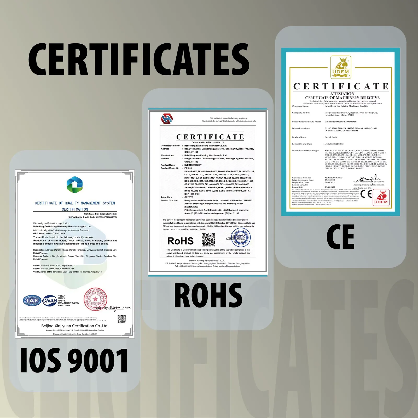 Clutch winch certificates and compliance documents