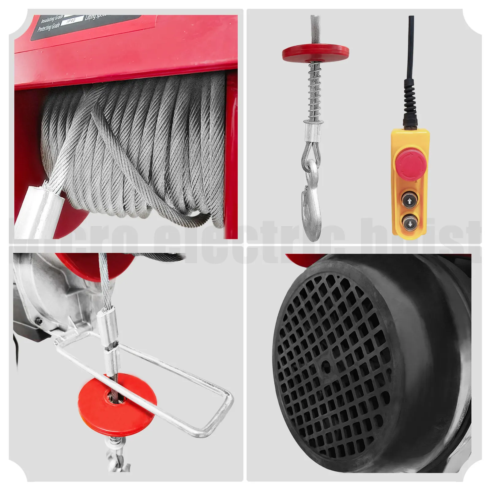 Micro electric hoist front cover and hook detail